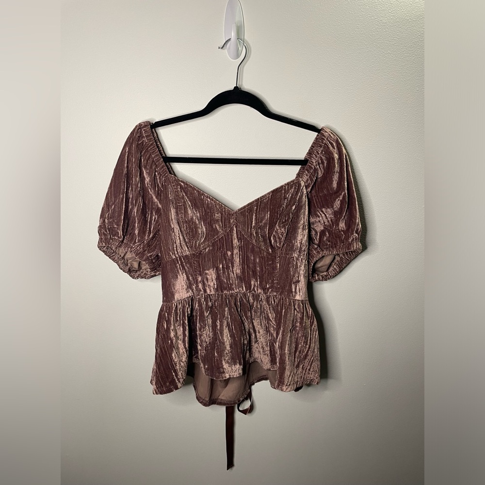Anthropologie Porridge Mauve Velvet Puff Sleeve Lace Up Peplum Top
